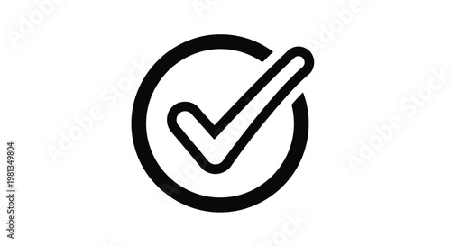 A simple black and white illustration depicts a check mark inside a circular frame