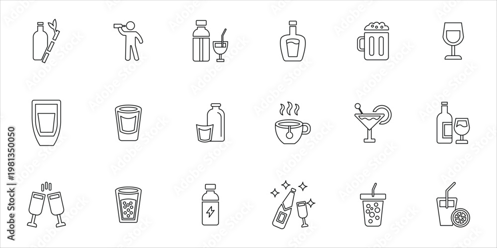 Fototapeta premium drinks icons set. drinking, beverage, milk, tea, coffe, beer, whiskey, juice, cocktail and more. simple line vector