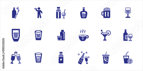 drinks icons set. drinking, beverage, milk, tea, coffe, beer, soda, cocktail and more. simple colored vector