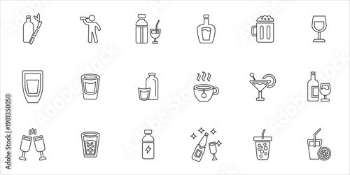 drinks icons set. drinking, beverage, milk, tea, coffe, beer, whiskey, juice, cocktail and more. simple line vector