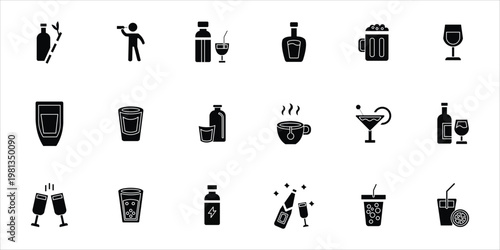 drinks icons set. drinking, beverage, milk, tea, coffe, beer, juice, cocktail and more. simple solid vector