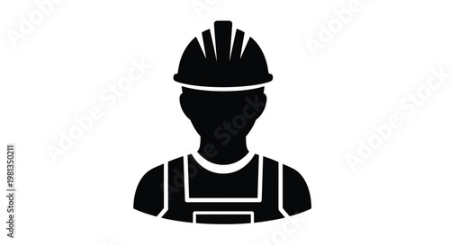 A simple black silhouette depicting a construction worker wearing a hard hat and overalls