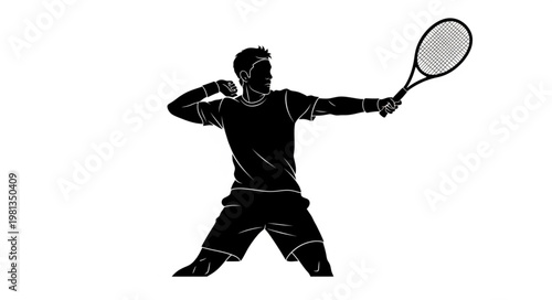 Silhouette of a male tennis player in action holding a racket.