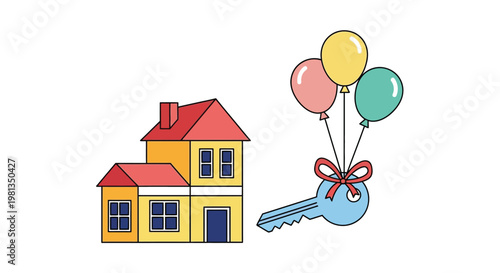 A cheerful illustration depicts a house colorful balloons and a key tied with a ribbon