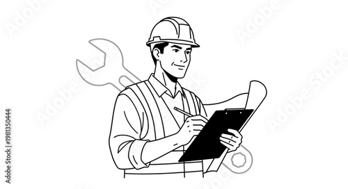 Construction worker with hard hat and clipboard reviewing plans.