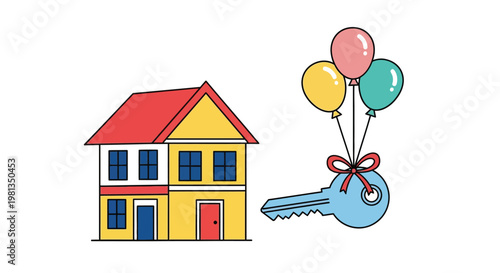 A colorful illustration depicts a house with balloons and a large key symbolizing new beginnings