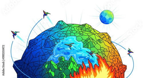 Illustration of Earths layers and tectonic plates with birds flying around.