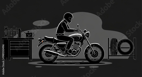 Man riding a vintage motorcycle in a garage setting.