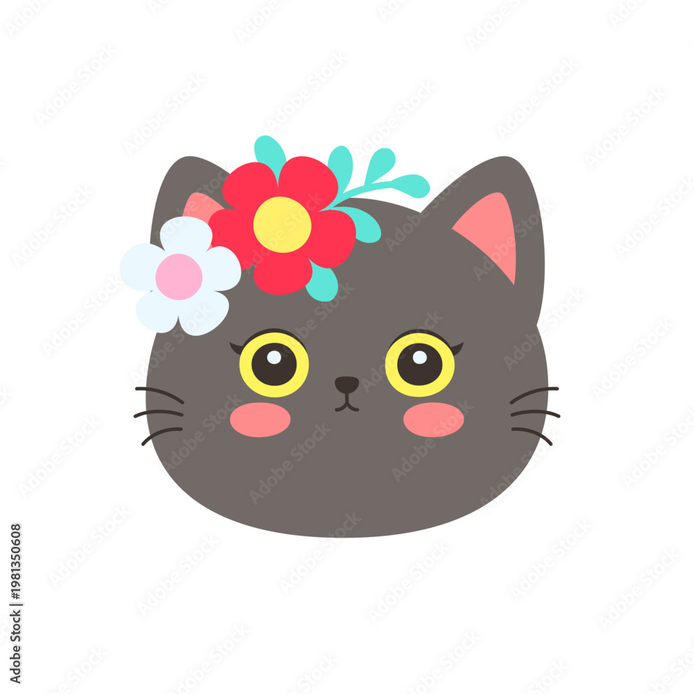 Fototapeta premium Cute kawaii gray cat face wearing colorful flower crown with red and teal flowers