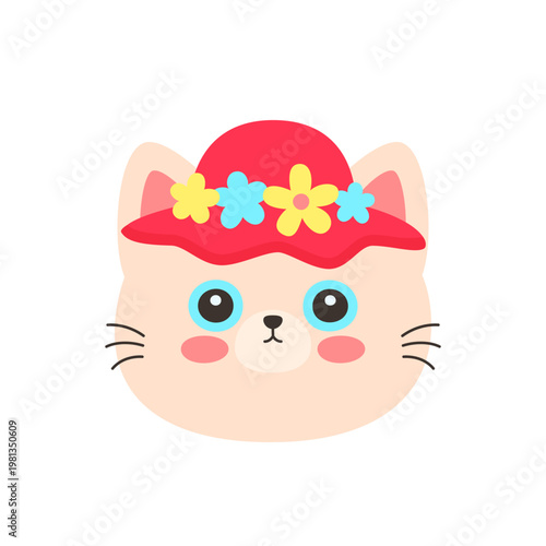 Cute kawaii cream cat face wearing red sun hat decorated with colorful flowers
