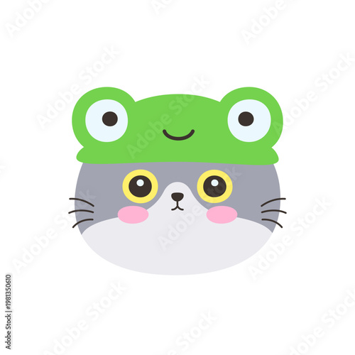Cute kawaii gray cat face wearing green frog hat costume