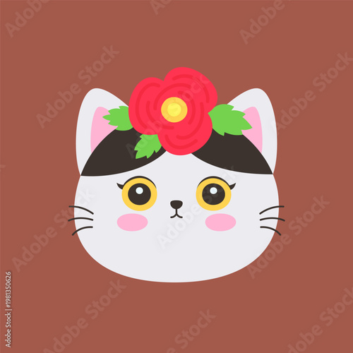 Cute kawaii white cat face wearing red rose flower crown on brown background