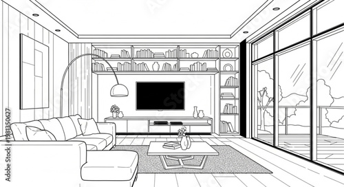 Modern Living Room Interior Design Sketch with Furniture and Decor.