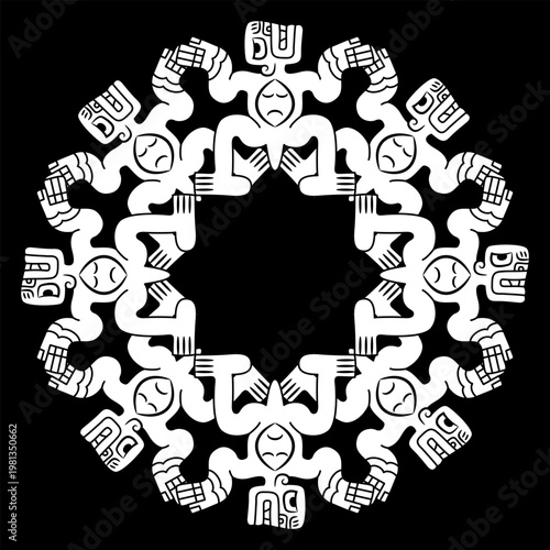 Geometrical ethnic frame with fantastic figurines. Native American indigenous design from ancient Peru. Black and white silhouette.