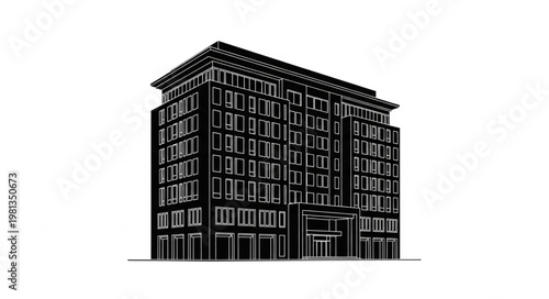 Modern Office Building Facade Sketch Illustration.