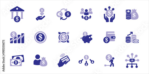 dollar icons set. asset, money, bank, wallet, funding, investment, debt and more. simple colored vector
