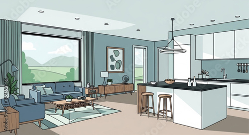 Modern open concept living room and kitchen interior design.