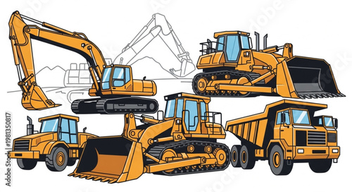 Collection of Heavy Construction Equipment Vehicles.