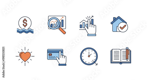 A collection of flat design icons representing finance time health and knowledge