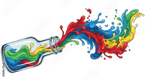 Colorful liquid splashing out of a glass bottle.