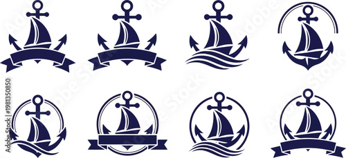 Nautical Anchor Sailboat Logo Set. Collection with Marine Elements and Various Designs