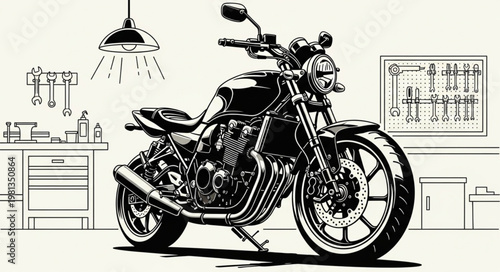 Detailed illustration of a classic motorcycle parked in a workshop garage.