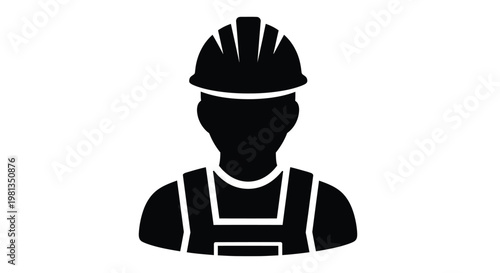A stark black silhouette depicts a construction worker wearing a hard hat and safety vest