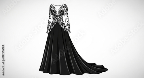 Elegant black lace evening gown with long train.