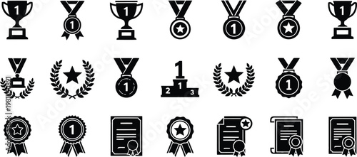 Awards icon set. gold trophies medals winner podiums and certificates for business success