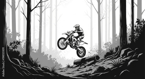 Motocross Rider Jumps Over Obstacle in Forest.
