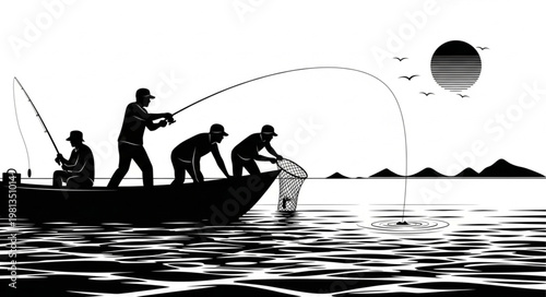 Silhouette of fishermen in a boat casting lines into the water at sunset.