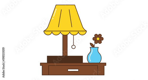 A colorful cartoon illustration depicts a bedside table with a lamp and flower