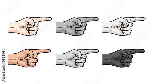 Six hands of diverse skin tones are depicted pointing directly forward with index fingers
