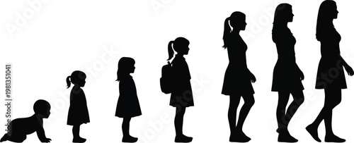 Human life stages silhouettes , from a baby to an adult woman