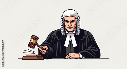 Serious Judge in Wig and Robes Holding Gavel Ready to Strike.