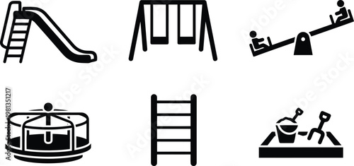 Playground equipment icons set, slide swing seesaw merry-go-round ladder and sandbox elements