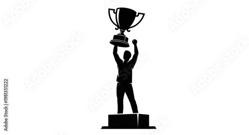 Silhouette of a person holding a trophy above their head.