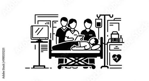 Medical Team Caring for Patient in Hospital Room.