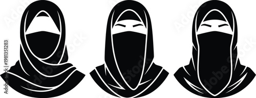 Muslim women vector illustrations, traditional Islamic head coverings set