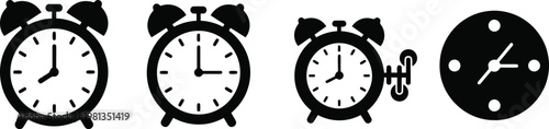 Set of black alarm clock and classic clock vector icons