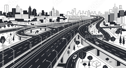 Modern City Highway Interchange with Skyscrapers in the Background.