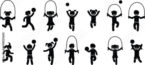 Children playing sports icons set, jumping rope and throwing ball silhouettes collection