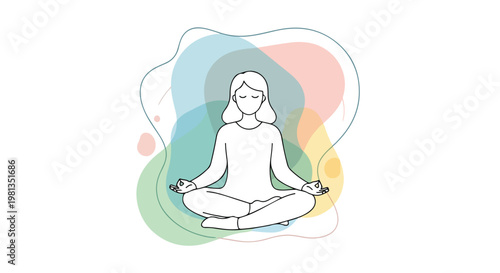 A flat vector scene showing a person in meditation, complemented by abstract calming elements, expressing a mindfulness concept, with a pastel palette, simple modern design, and a white background.