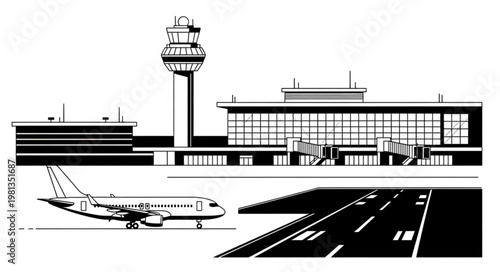 Modern Airport Terminal Building with Airplane on Runway.