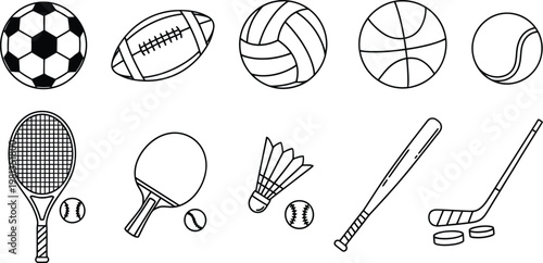 Sports equipment icons set, balls rackets bats and sticks for active games
