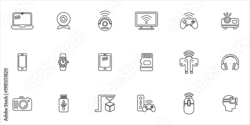 tech gadgets icons set. smartwatch, laptop, tablet, smartphones, game controller, wireless mouse, webcam and more. simple line vector