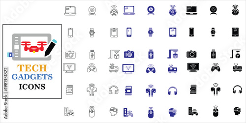 tech gadgets icons set. usb, smartwatch, laptop, tablet, smartphones, game controller, wireless mouse, webcam and more. simple complete vector