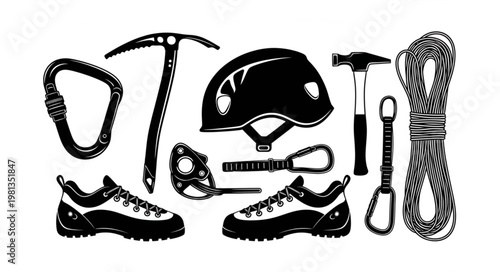 Collection of climbing equipment and mountaineering gear for outdoor adventure.