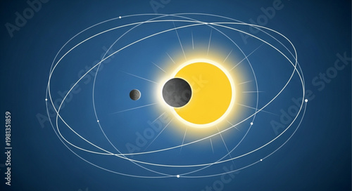 Illustration of a solar eclipse with sun moon and orbits.