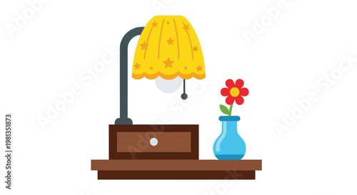 A charming illustration depicts a yellow star patterned lamp and a small vase with a red flower